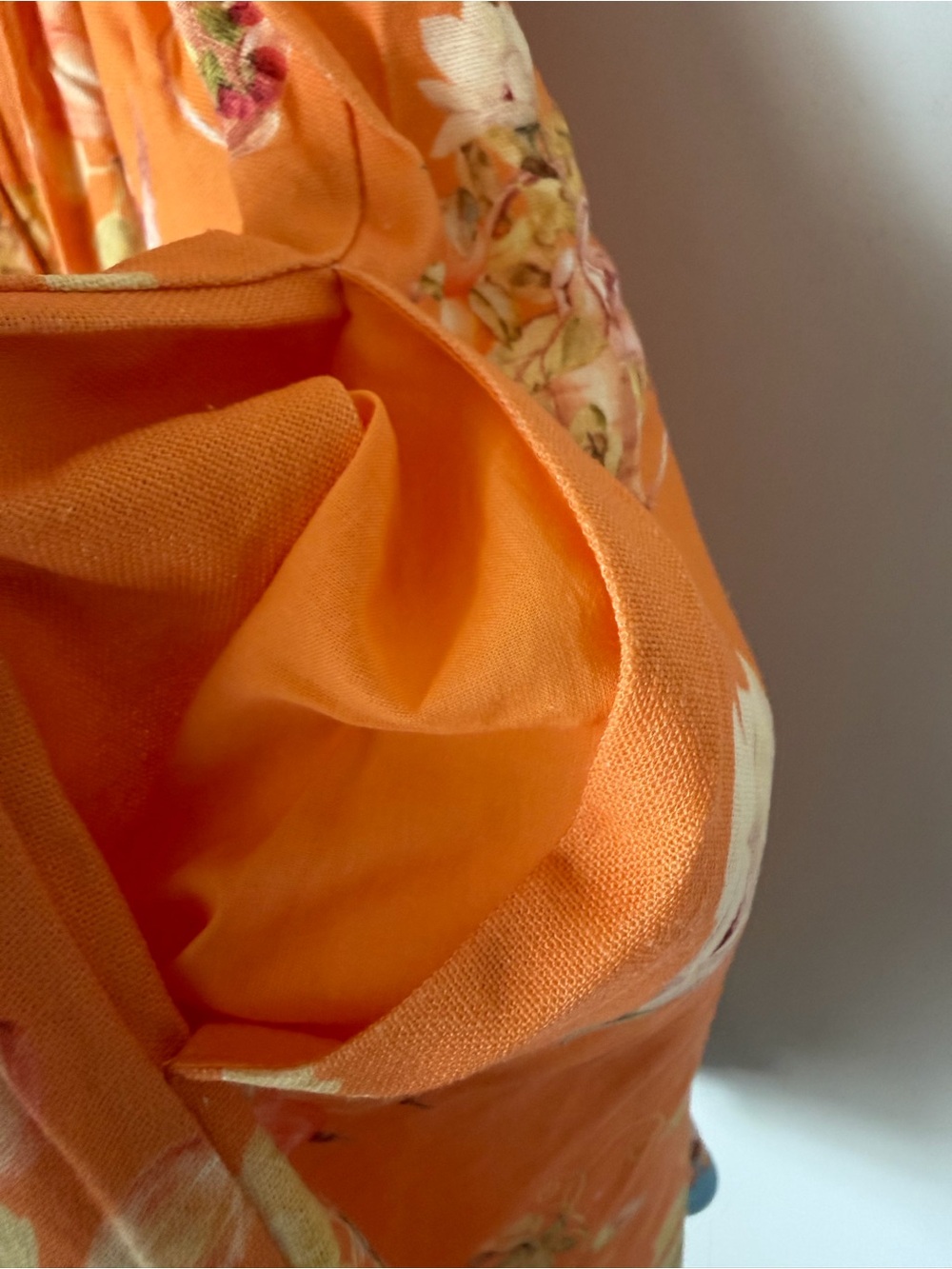 Orange Floral tropical fruit sleeveless tie strap linen blend Mini Dress - Picture 7 of 8
